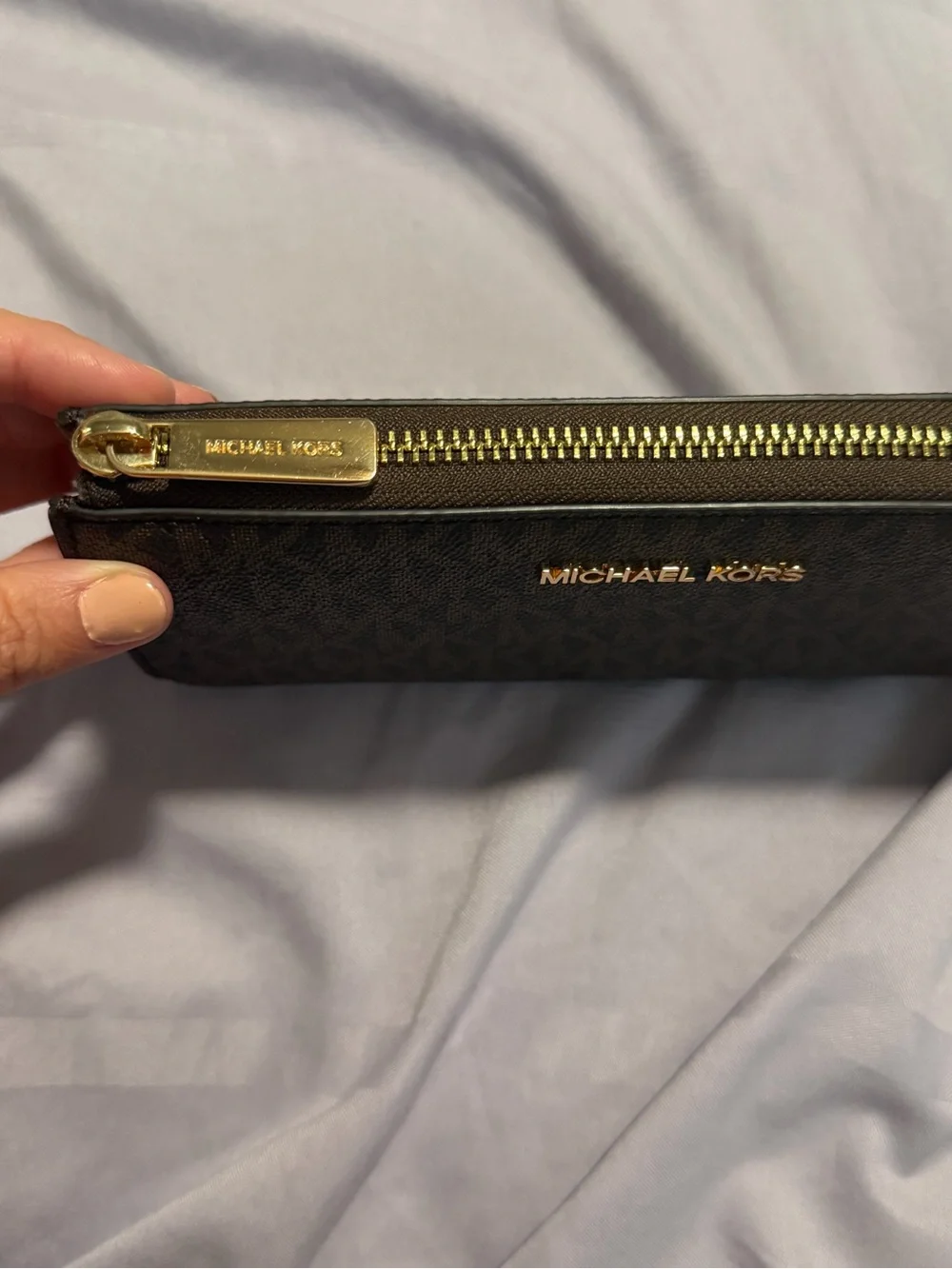 Michael Kors Brown Monogram Zip Wallet with Gold Logo